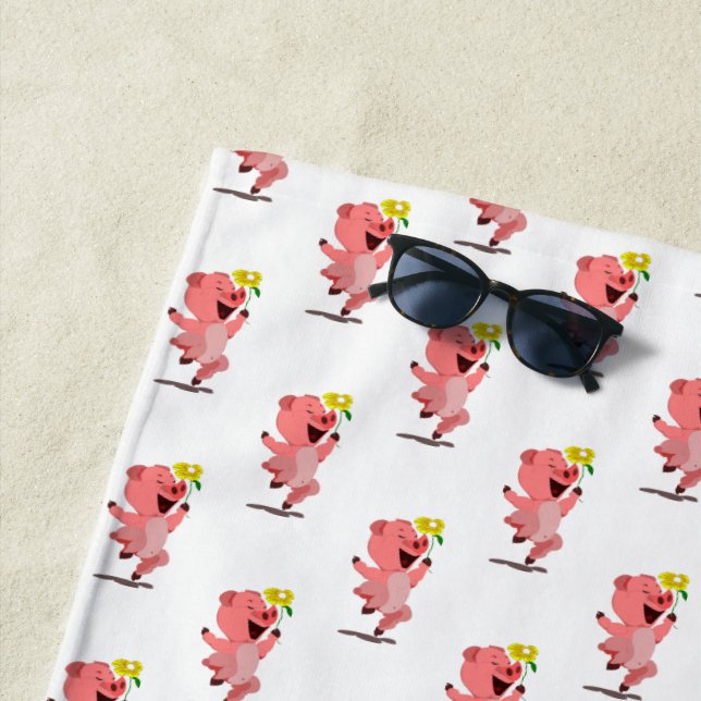 Happy Piglet with Daisy Flower Beach Towel (In Situ)