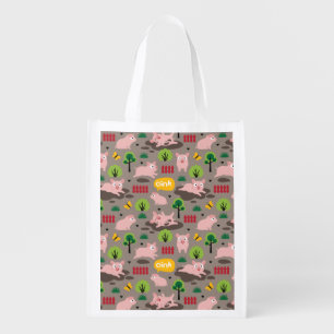 Happy Piglets In The Mud  Grocery Bag