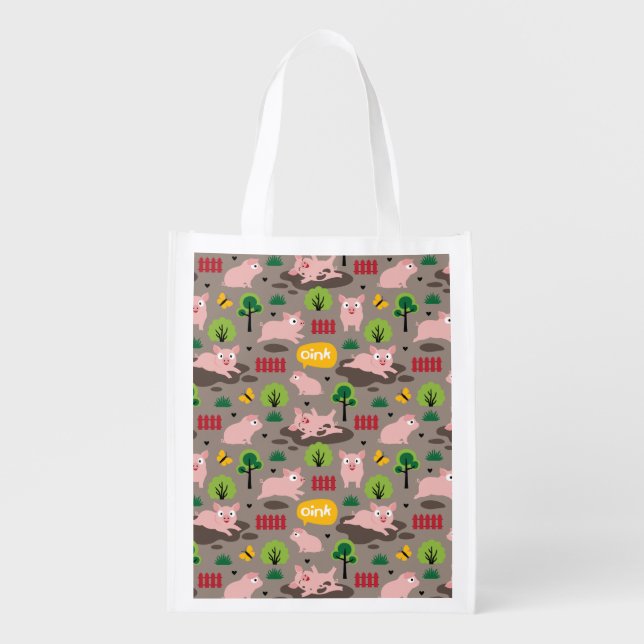 Happy Piglets In The Mud  Grocery Bag (Front)
