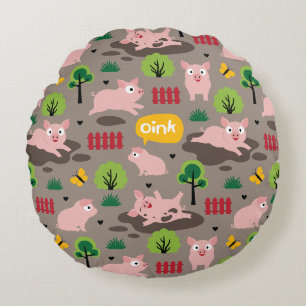 Happy Piglets In The Mud  Round Pillow