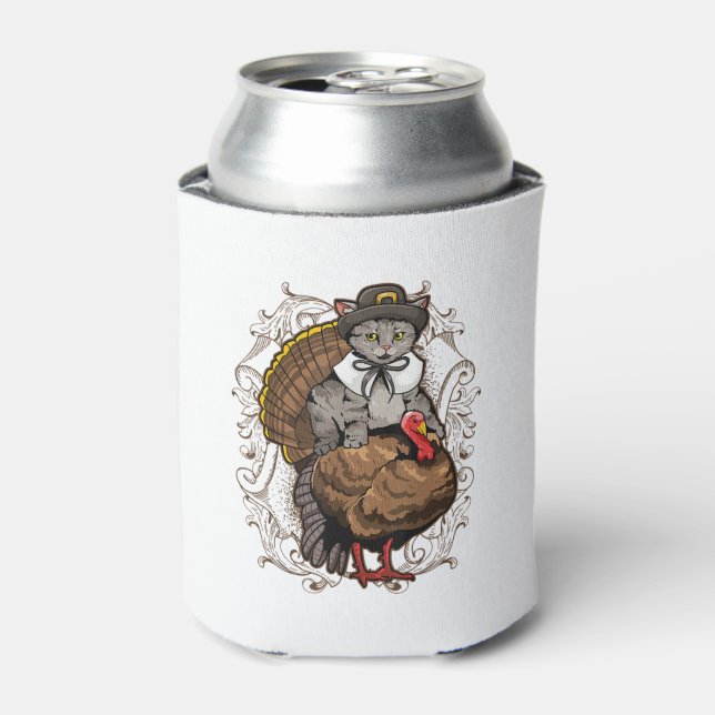Happy Pilgrim Cat Thanksgiving Costume Turkey Holi Can Cooler (Can Front)