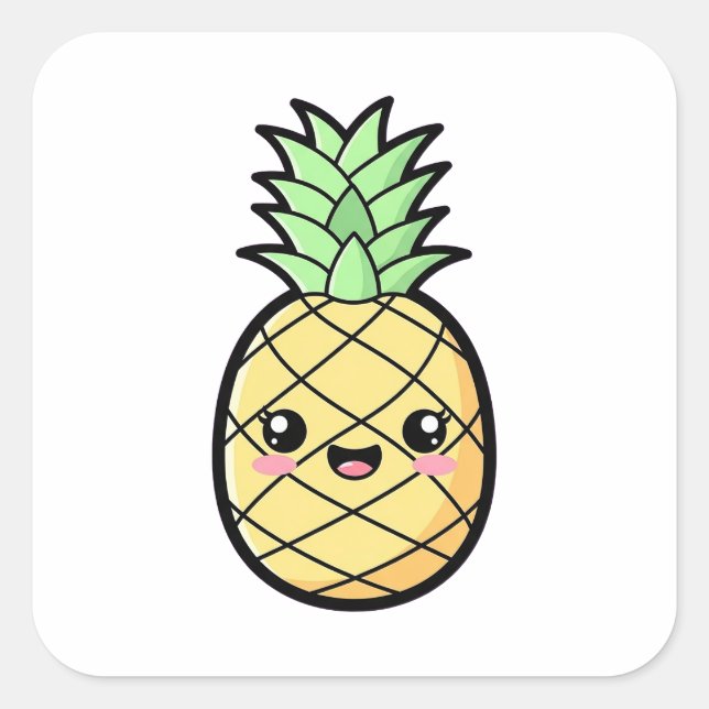 Happy Pineapple – Cute Kawaii Illustration Square Sticker (Front)