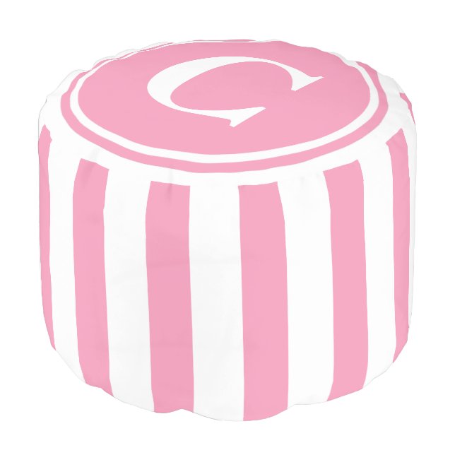 Happy Pink and White Stripes Monogram Pouf (Angled Front)