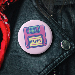 Happy Pink Blue Pixel Art 90s Floppy Disk Button
