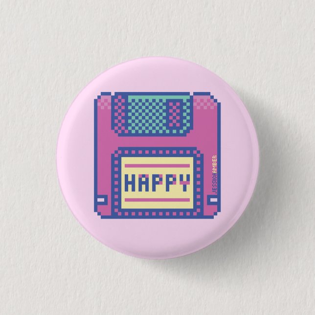Happy Pink Blue Pixel Art 90s Floppy Disk Button (Front)
