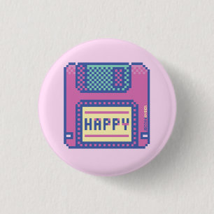 Happy Pink Blue Pixel Art 90s Floppy Disk Button
