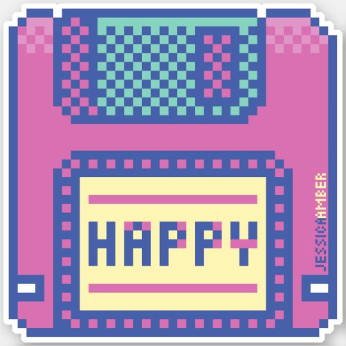 Happy Pink Blue Pixel Art 90s Floppy Disk Sticker