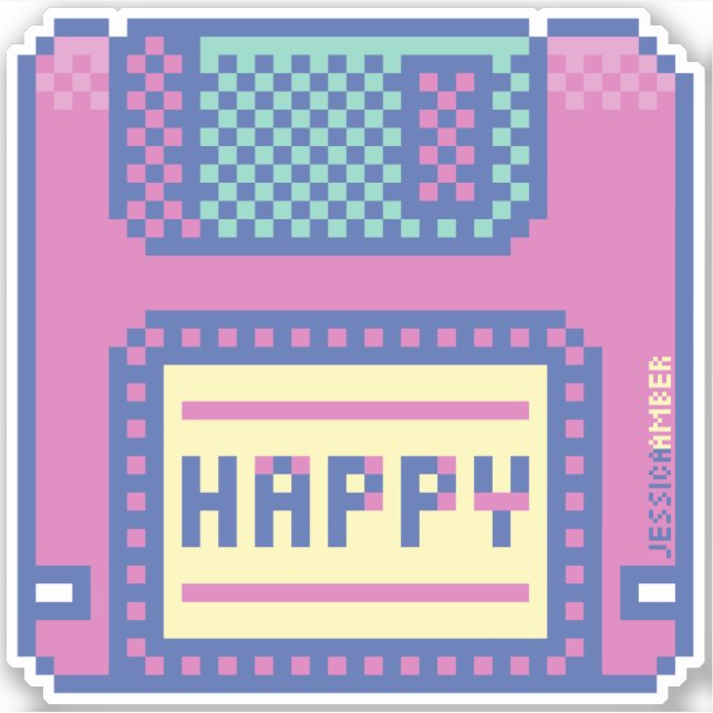 Happy Pink Blue Pixel Art 90s Floppy Disk Sticker (Front)