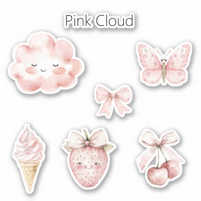 Happy Pink Cloud Eyelashes Butterfly Strawberry Sticker (Front)