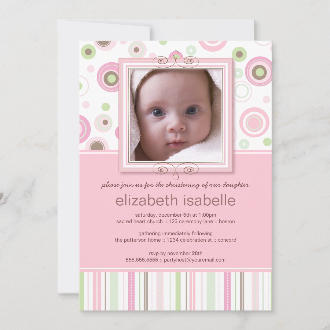 Happy Pink Dots Baby Photo Christening Invitation | Zazzle