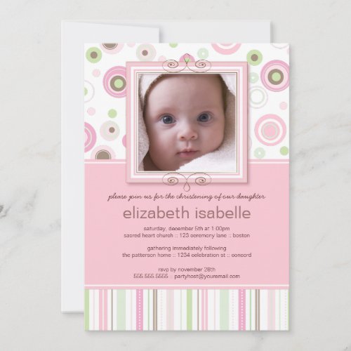 Happy Pink Dots Baby Photo Christening Invitation