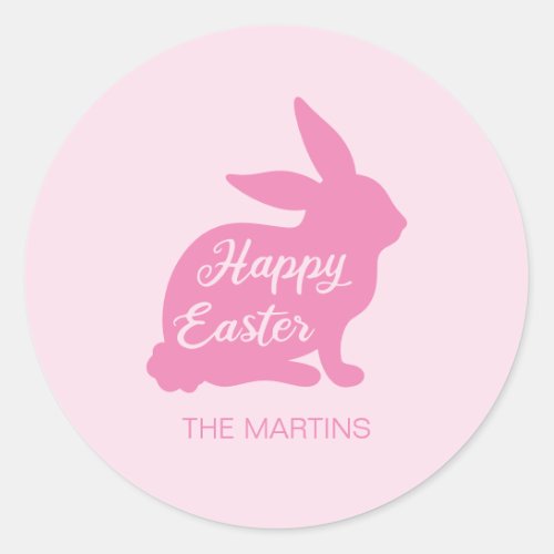 Happy Pink Easter Bunny Silhouette Name Classic Round Sticker
