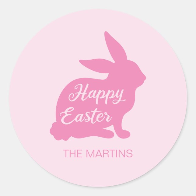 Happy Pink Easter Bunny Silhouette Name Classic Round Sticker (Front)
