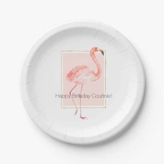 Happy Pink Flamingo Birthday Paper Plates (Front)