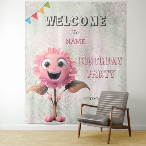 Happy Pink Flower Birthday Party Backdrop