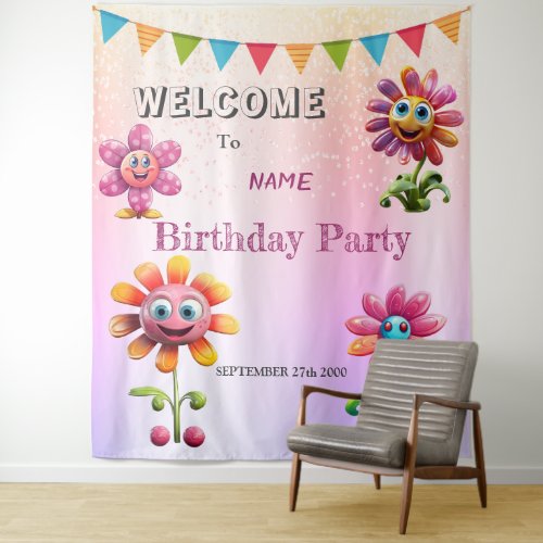 Happy Pink Flowers Birthday Party Backdrop