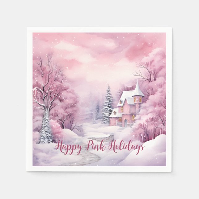 Happy Pink Holidays Christmas Snow Scene Napkins (Front)