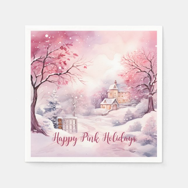 Happy Pink Holidays Christmas Snow Scene Napkins (Front)