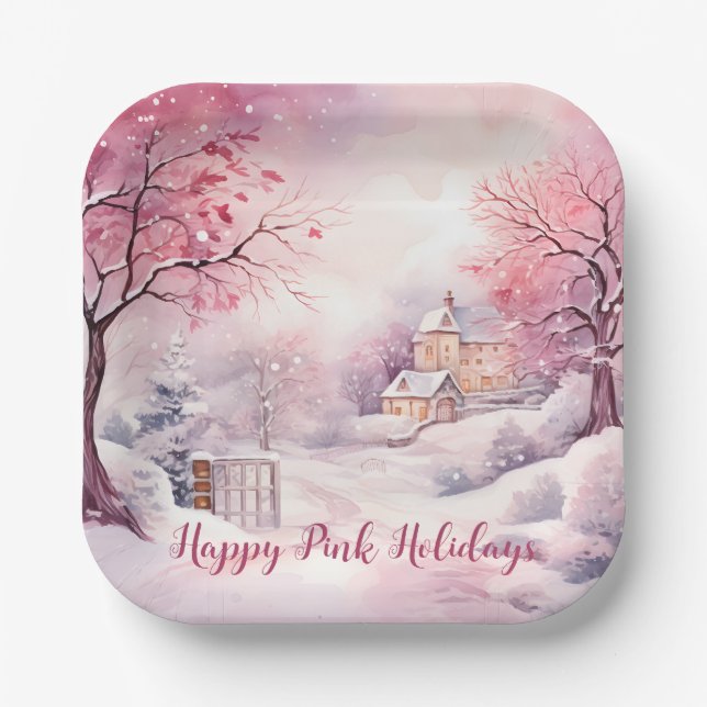 Happy Pink Holidays Christmas Snow Scene Paper Plates (Front)