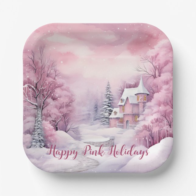 Happy Pink Holidays Christmas Snow Scene Paper Plates (Front)