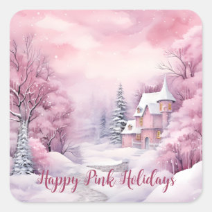 Happy Pink Holidays Christmas Snow Scene Square Sticker