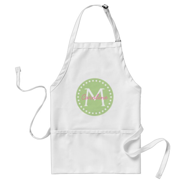 Happy Pink on Mint Green Monogram Adult Apron (Front)