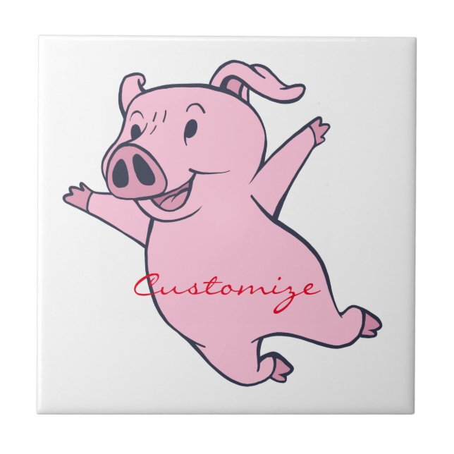 Happy Pink Pig Jumping Thunder_Cove Ceramic Tile (Front)