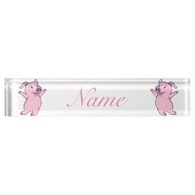 Happy Pink Pig Jumping Thunder_Cove Desk Name Plate (Front)