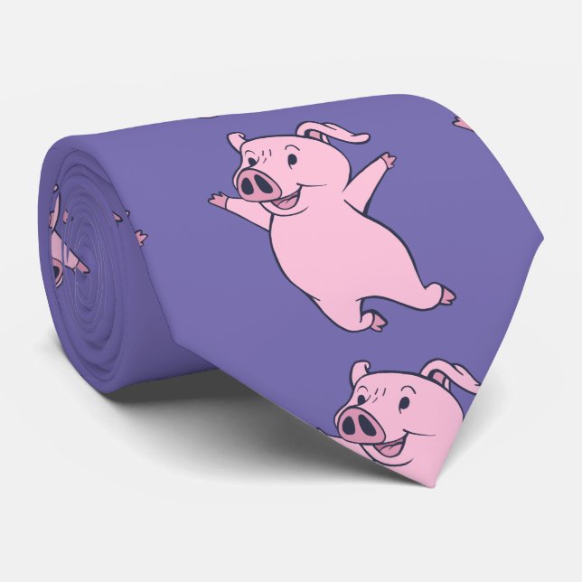 Happy Pink Pig Jumping Thunder_Cove Neck Tie (Rolled)