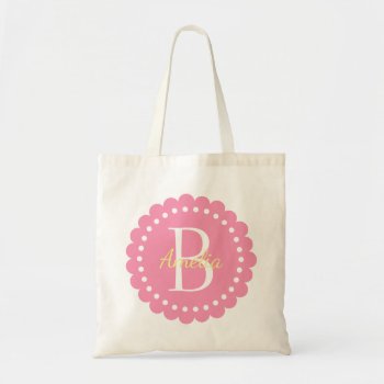 Happy Pink Polka Dot Flower With Butter Yellow Tote Bag by jozanehouse at Zazzle
