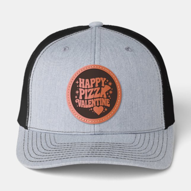 Happy Pizza Valentine Funny Pizza Love Design Leather Patch Hat (Front)