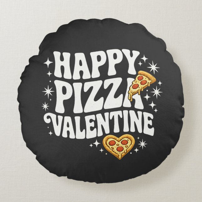 Happy Pizza Valentine Funny Pizza Love Design Round Pillow (Front)