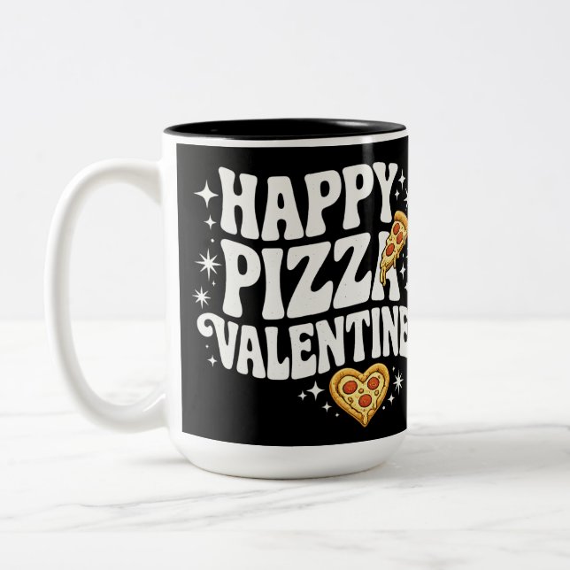 Happy Pizza Valentine Funny Pizza Love Design Two-Tone Coffee Mug (Left)