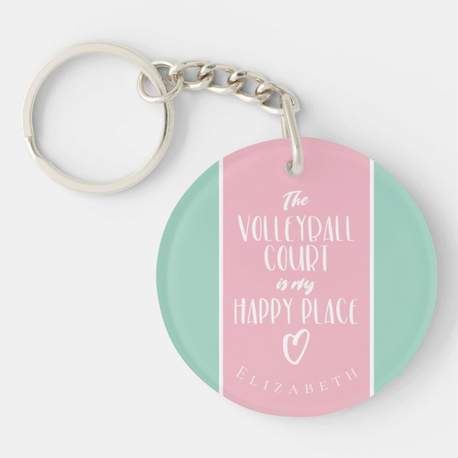 happy place mint pink custom girl's volleyball keychain (Front)