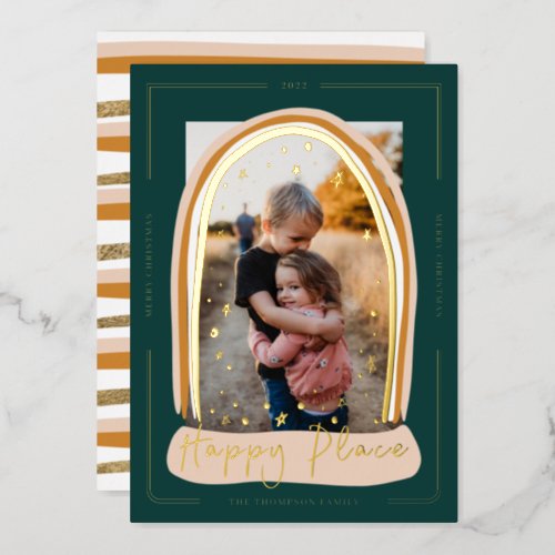 Happy Place Modern Snow Globe Christmas Photo Foil Holiday Card