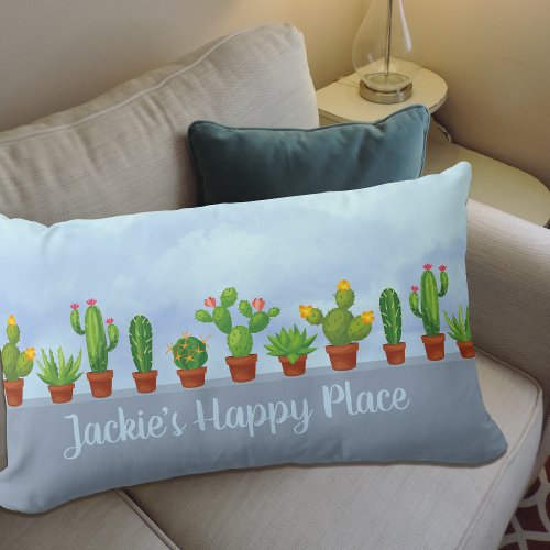 Happy Place Personalized Cactus Lovers Decorative Lumbar Pillow