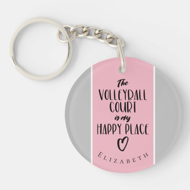 happy place pink gray custom girl's volleyball keychain (Front)