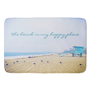 Happy Place Quote Aqua Sky Sandy Beach Photo Bathroom Mat