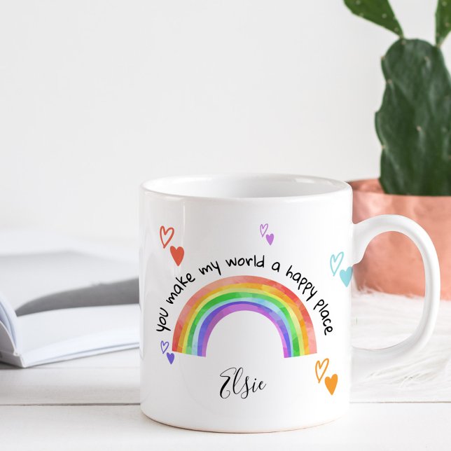Happy Place Rainbow and Colorful Hearts Coffee Mug (Happy Place rainbow mug - ideal teacher gift, appreciation gift ..)