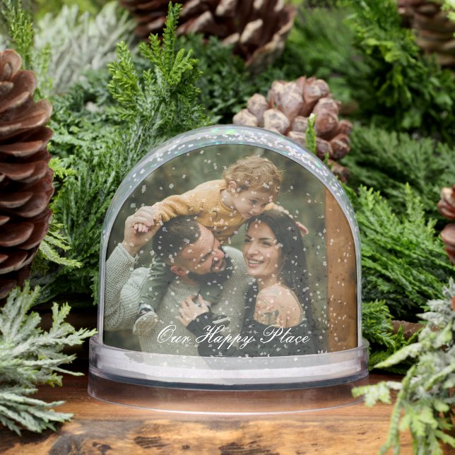Happy Place Simple Modern Script 2 Family Photo Snow Globe (Winter)