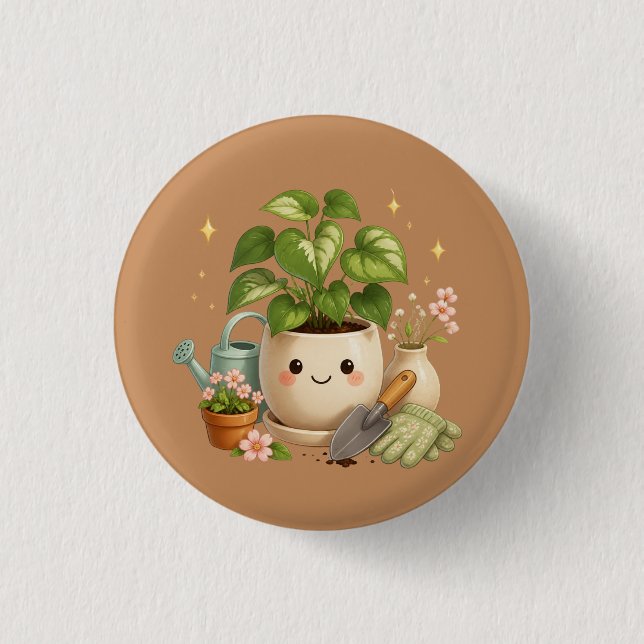Happy Plant Pot with Flowers & Garden Tools Button (Front)