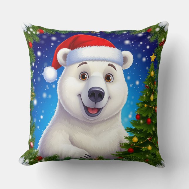 Happy Polar Bear in Santa Hat Throw Pillow (Front)