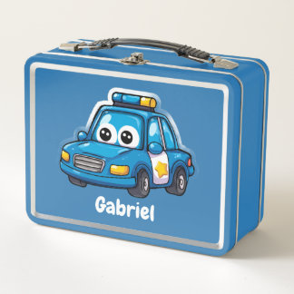 Happy Police Car, Boys, Personalized Blue Metal Lunch Box