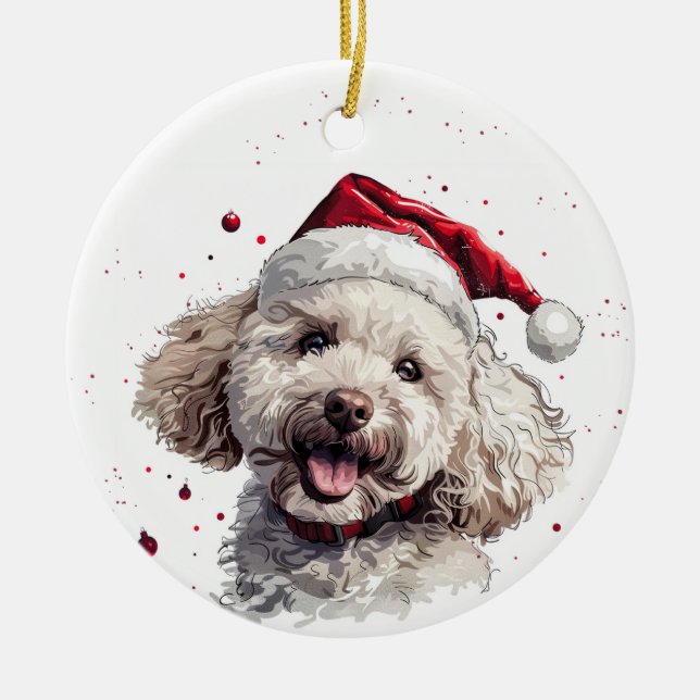 Happy Poodle Dog Christmas Personalized Ceramic Ornament (Front)
