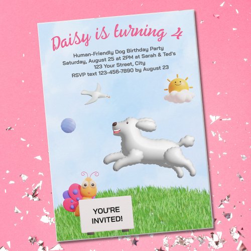 Happy Poodle Jumping in Field Dog Birthday 3D Invitation