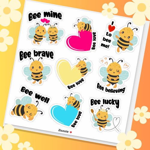 Happy positive text and Cute bumblebee sheet of 9 Sticker