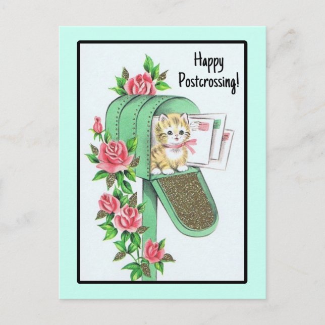 Happy Postcrossing! Vintage Kitten in Mailbox Postcard (Front)