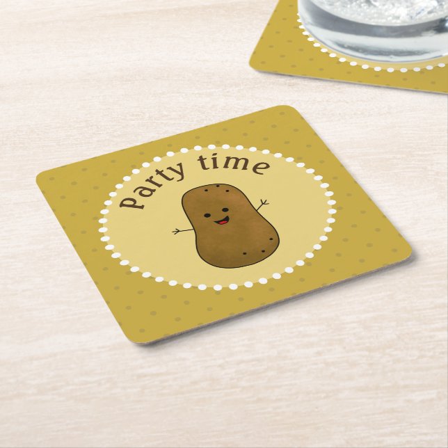 Happy Potato Party Time Square Paper Coaster (Angled)