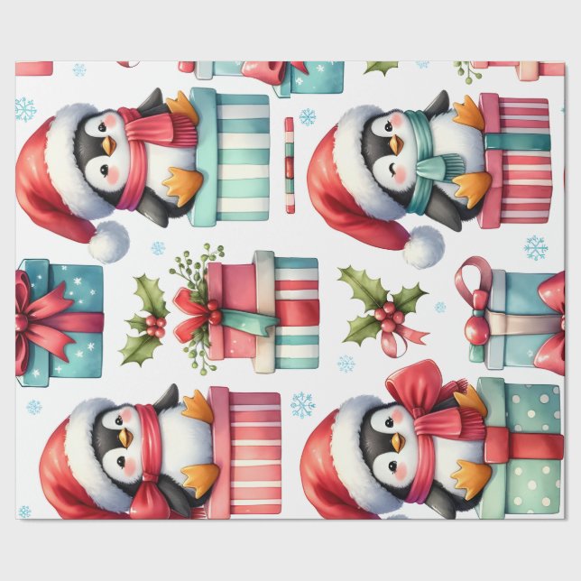 Happy Present Penguins Wrapping Paper (Seam)