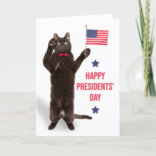 Happy Presidents' Day Cat Saluting With Flag Humor Holiday Card